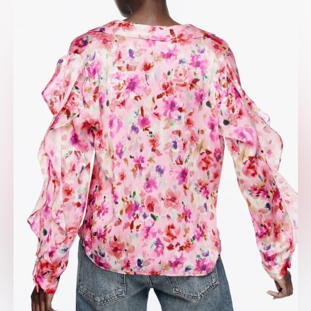 NWT ZARA pink floral print ruffled blouse size L - Picture 3 of 12
